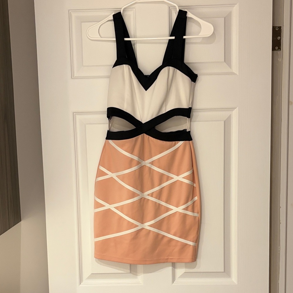 Papaya Black, White, and Peach Mini Dress